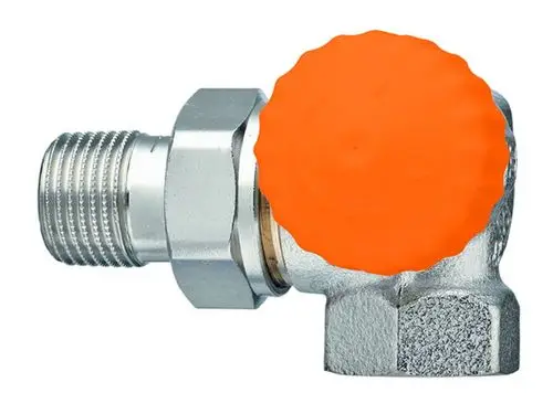 Thermostat-Ventilunterteil im Winkel-Design mit orangefarbenem Drehknopf, gefertigt von IMI Hydronic Engineering, Verbindungselement für Heizungsinstallationen.